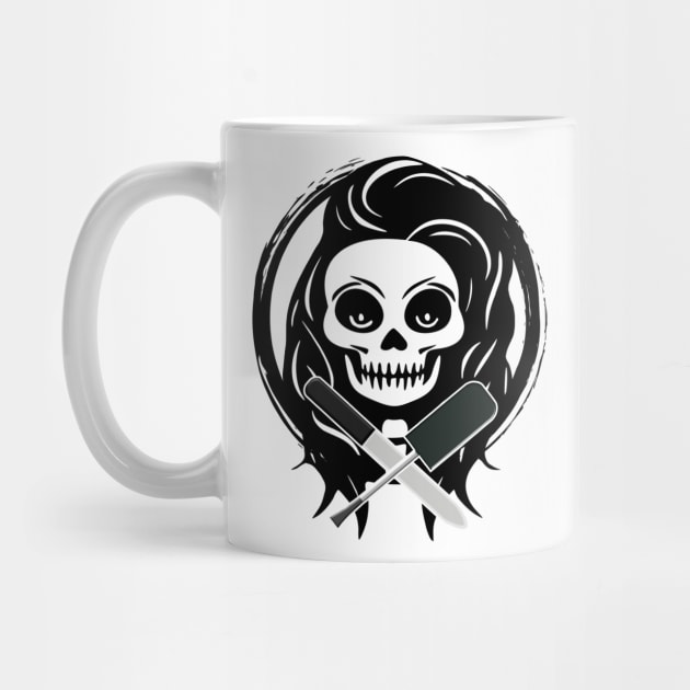 Female Nail Tech Skull and Manicurist Tools Black Logo by Nuletto
